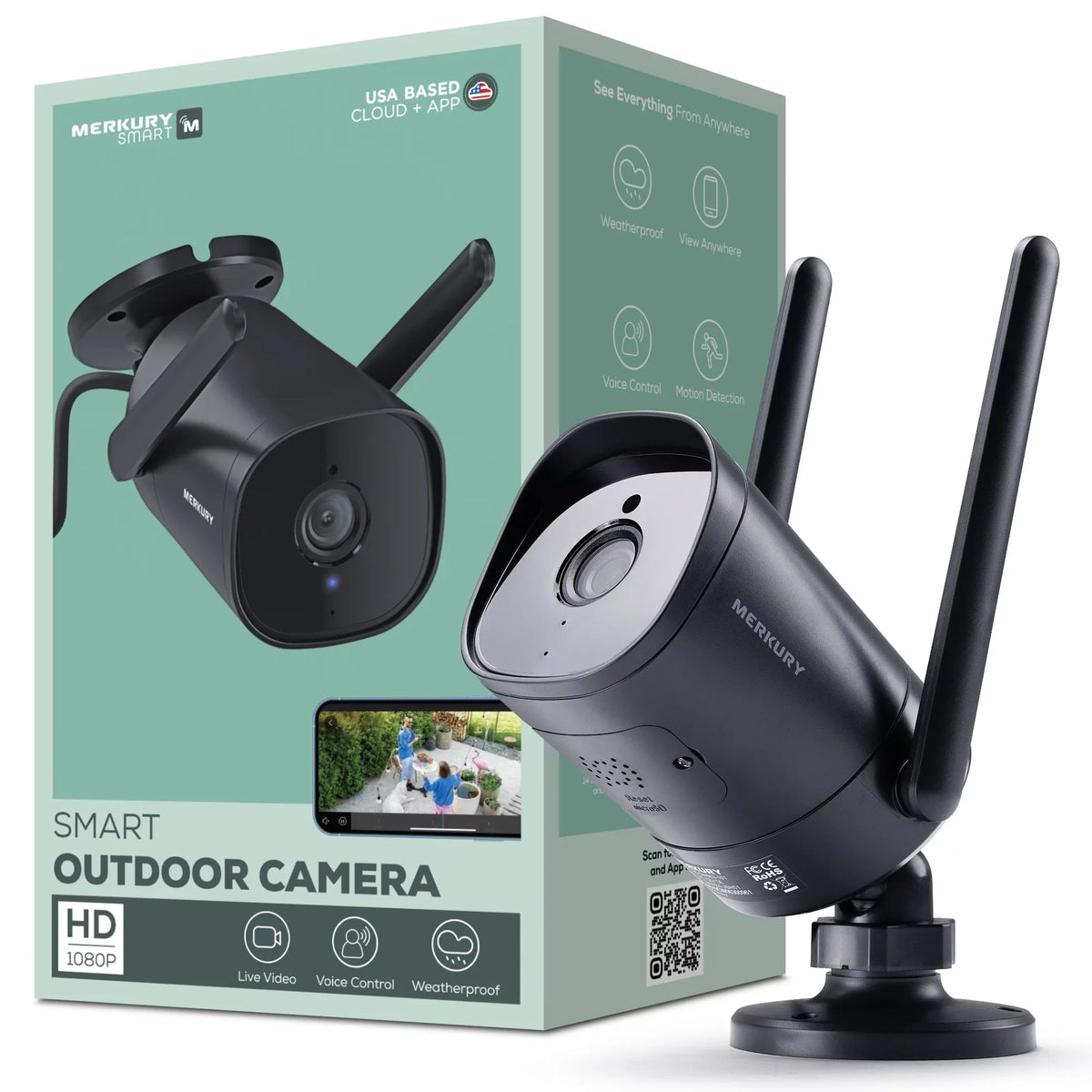 Merkury Smart 1080P Smart Outdoor Security Camera - Weatherproof, Night Vision, 2-Way Audio, dark, Wi-Fi