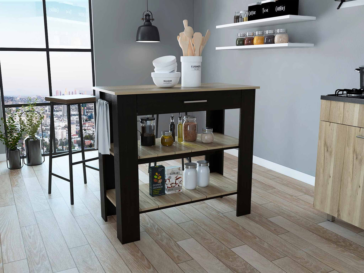 Boahaus Reims Kitchen Island, Assembled Product Height 37 in, ebony Wengue / Light Oak