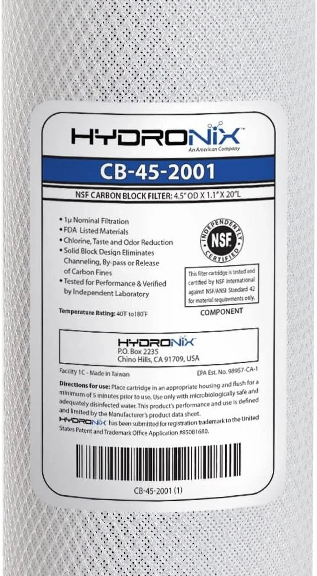 Hydronix CB-45-2001 Replacement Carbon Water Filter  20-25mm x 4.5-1 inch 1 Micron