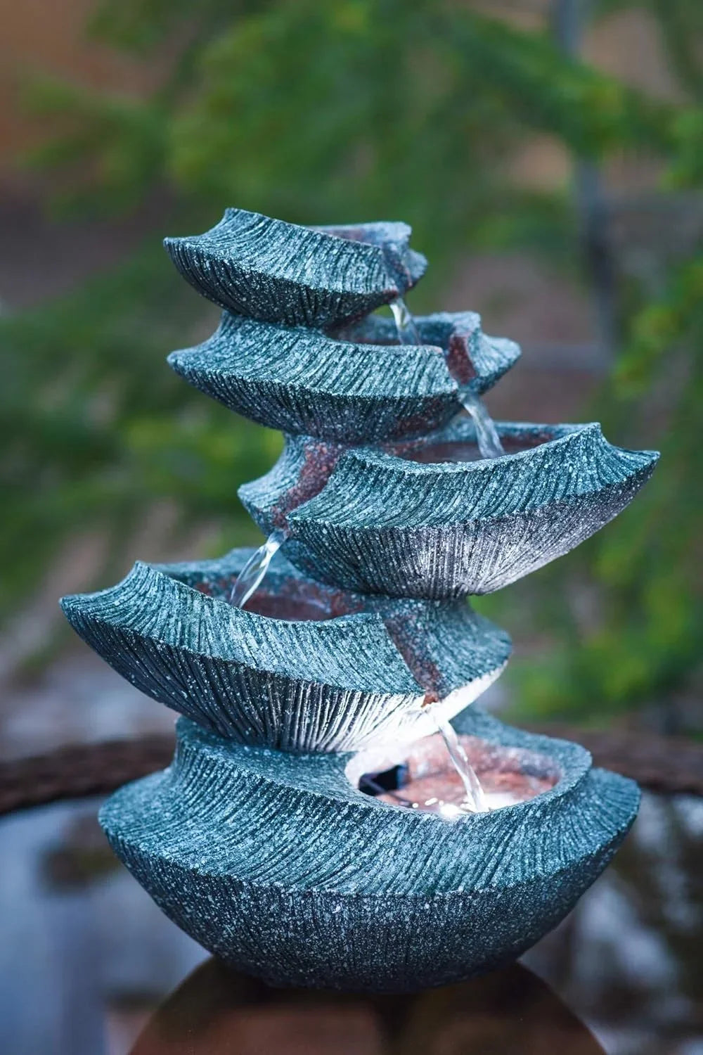 HF-B16-14LT. Hand-Crafted Design. Modern Stone Tiers 14" Fountain W/LED Light: Small Indoor/Outdoor Water Feature For s, Entryways, Gardens & Patios