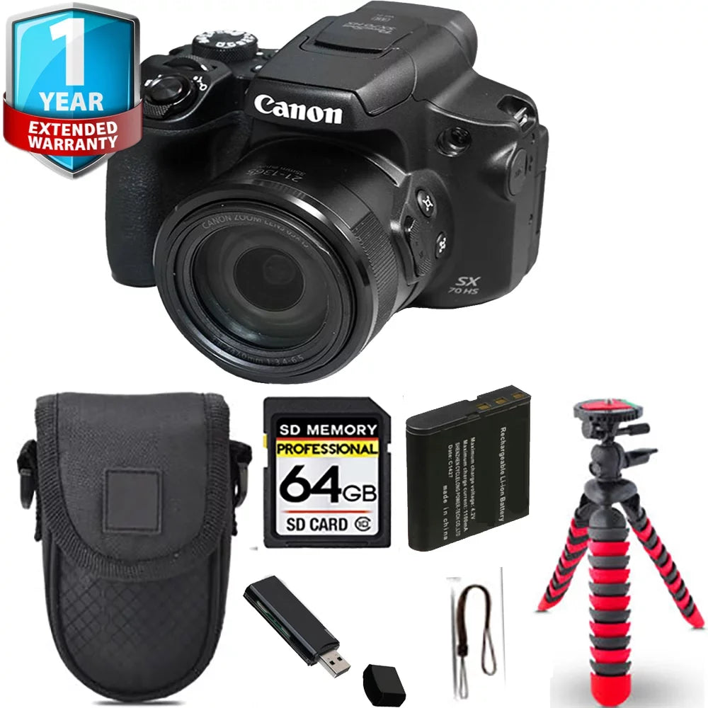 PowerShot SX70 HS Digital Camera + Spider Tripod + 1 Yr Warranty - 64GB