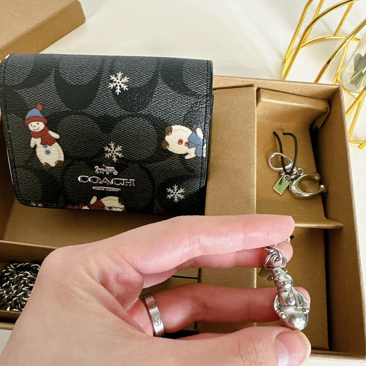 Coach CN047 Boxed Mini Wallet On A Chain In Signature Canvas With Snowman Print IN ebony Multi