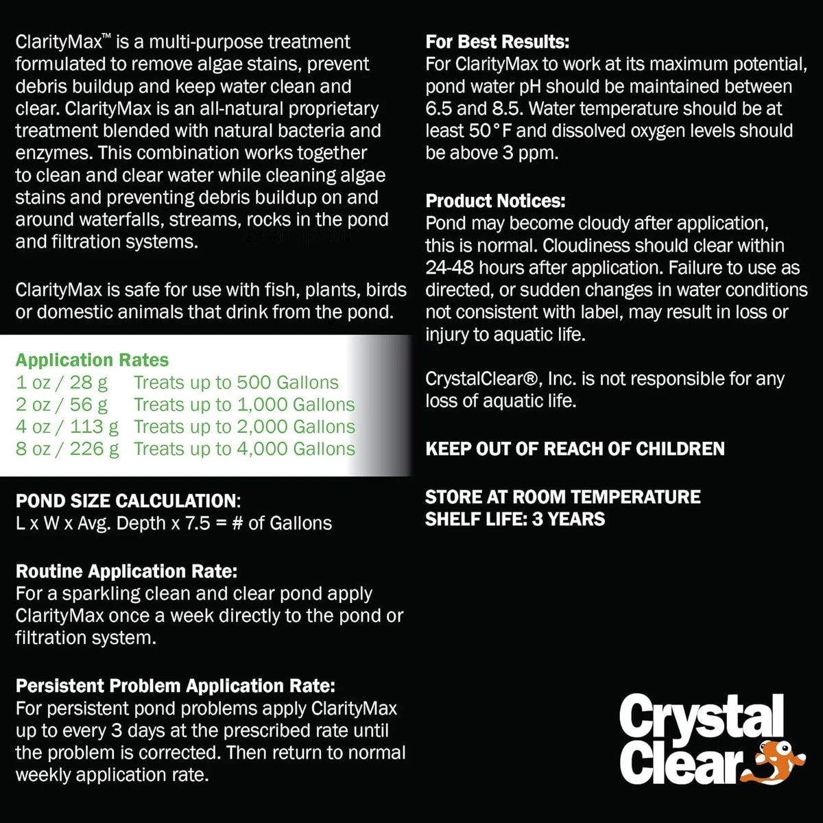 CrystalClear ClarityMax, All-in-One reservoir Clarifier Treatment, All-Natural Beneficial Bacteria & Enzymes Provide Max Clarity, Koi Fish & Pet Safe, Algae Stain Remover, Crystal Clear Water Garden 25LB