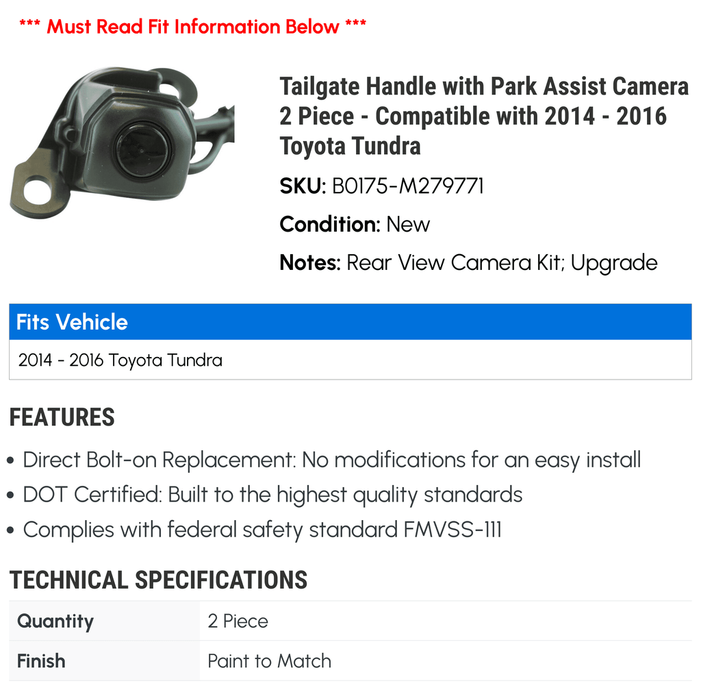 Tailgate Handle with Park Assist Camera 2 Piece - Compatible with 2014 - 2016  Tundra 2015