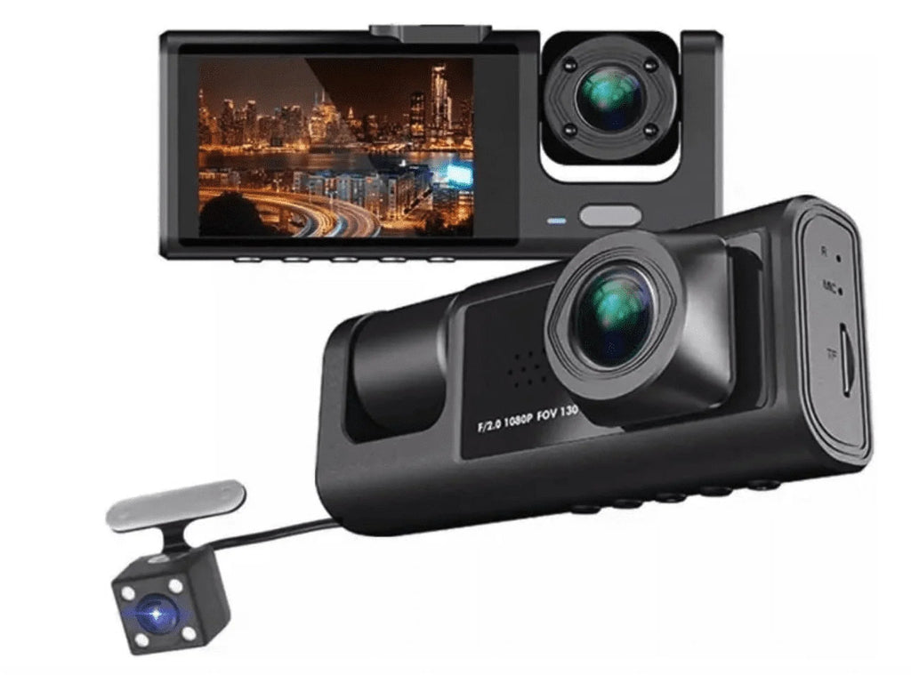 3 Channel Dash cam, 2-25mm Screen Driving Recorder, High-Definition 1080P, Night Vision, Loop recording, Motion Detection, G-Sensor +32 GB SD Card