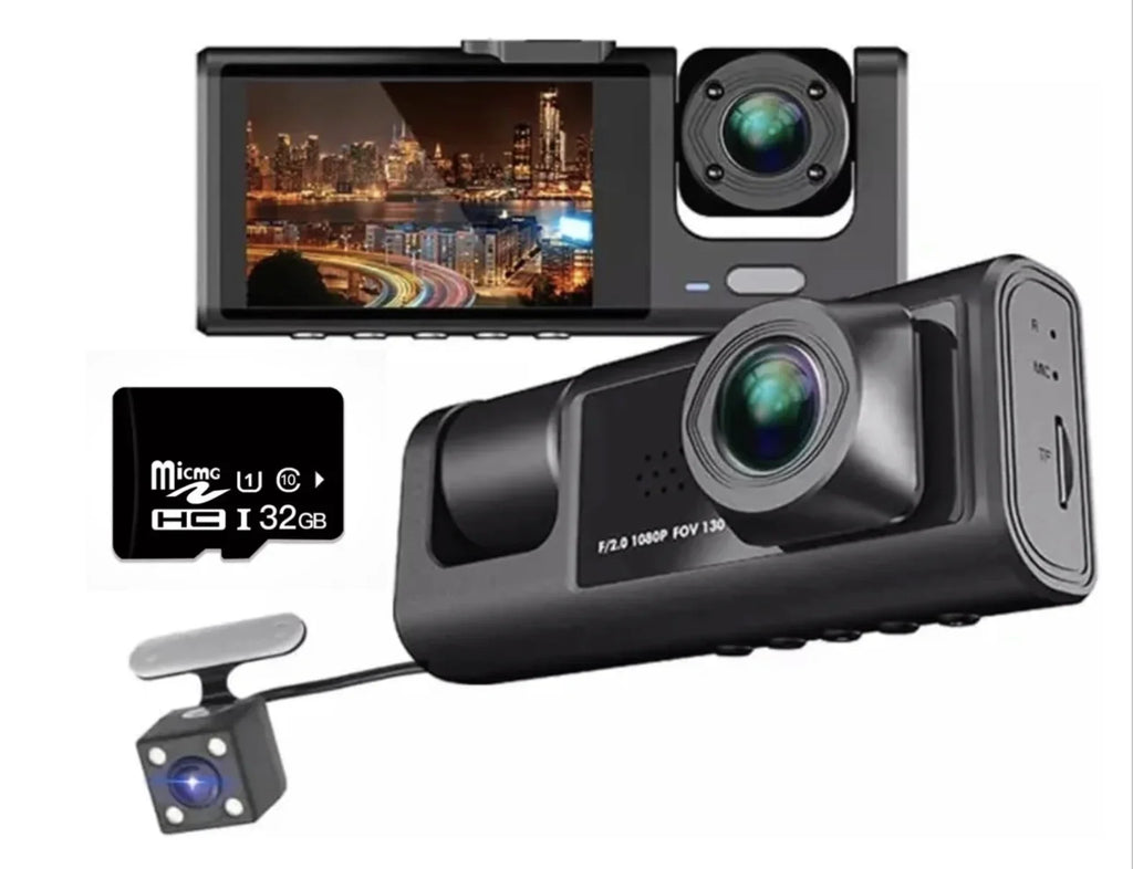 3 Channel Dash cam, 2-25mm Screen Driving Recorder, High-Definition 1080P, Night Vision, Loop recording, Motion Detection, G-Sensor +32 GB SD Card
