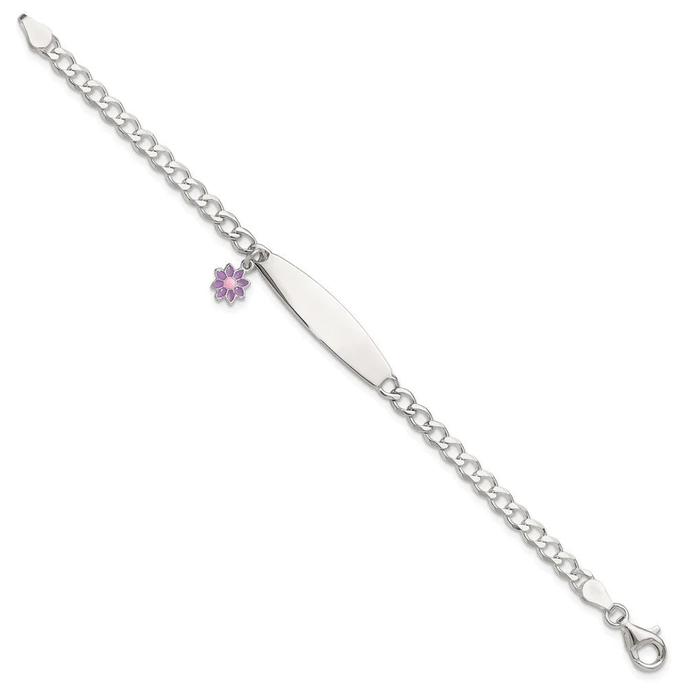 Auriga 925 Sterling Silver Polished Enameled Flower ID Bracelet 6inch for Women