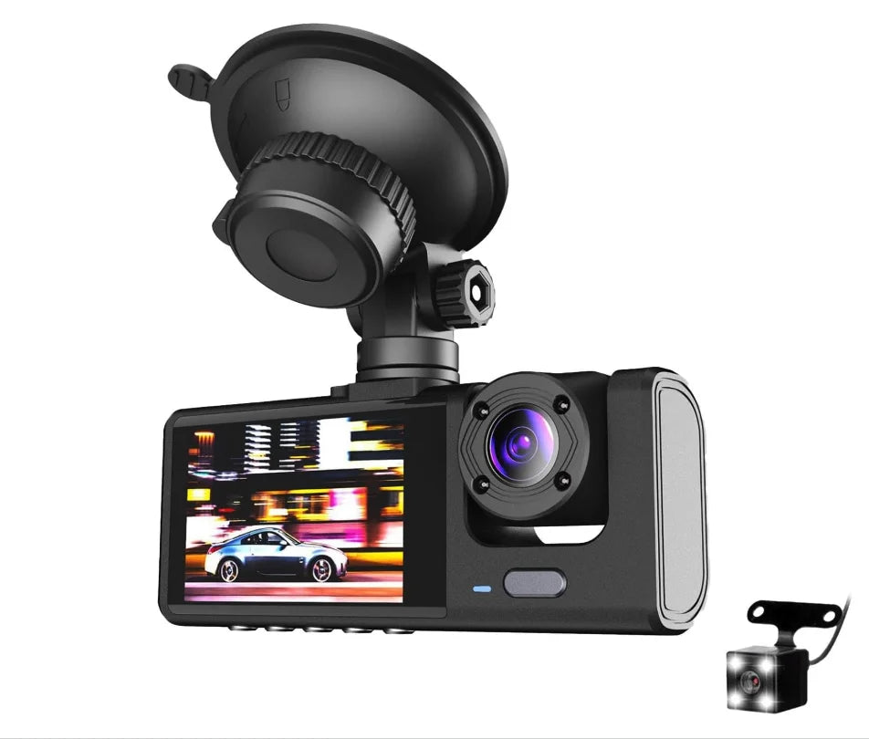 3 Channel Dash cam, 2-25mm Screen Driving Recorder, High-Definition 1080P, Night Vision, Loop recording, Motion Detection, G-Sensor +32 GB SD Card