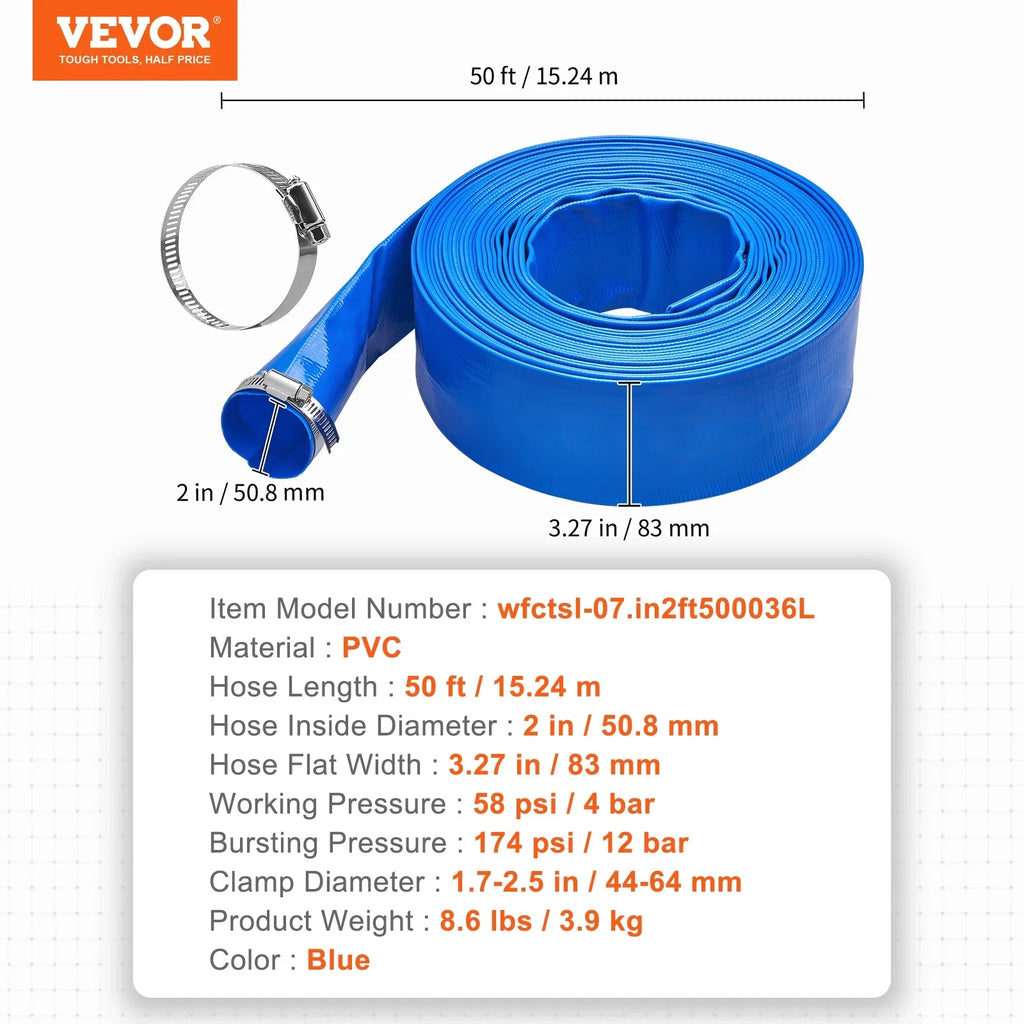 BENTISM Swimming Pool Filter Backwash Hose with Clamps 2'' x 50' Premium polyvinyl chloride Lay Flat Discharge Hose Blue Weather and Chemical Resistant