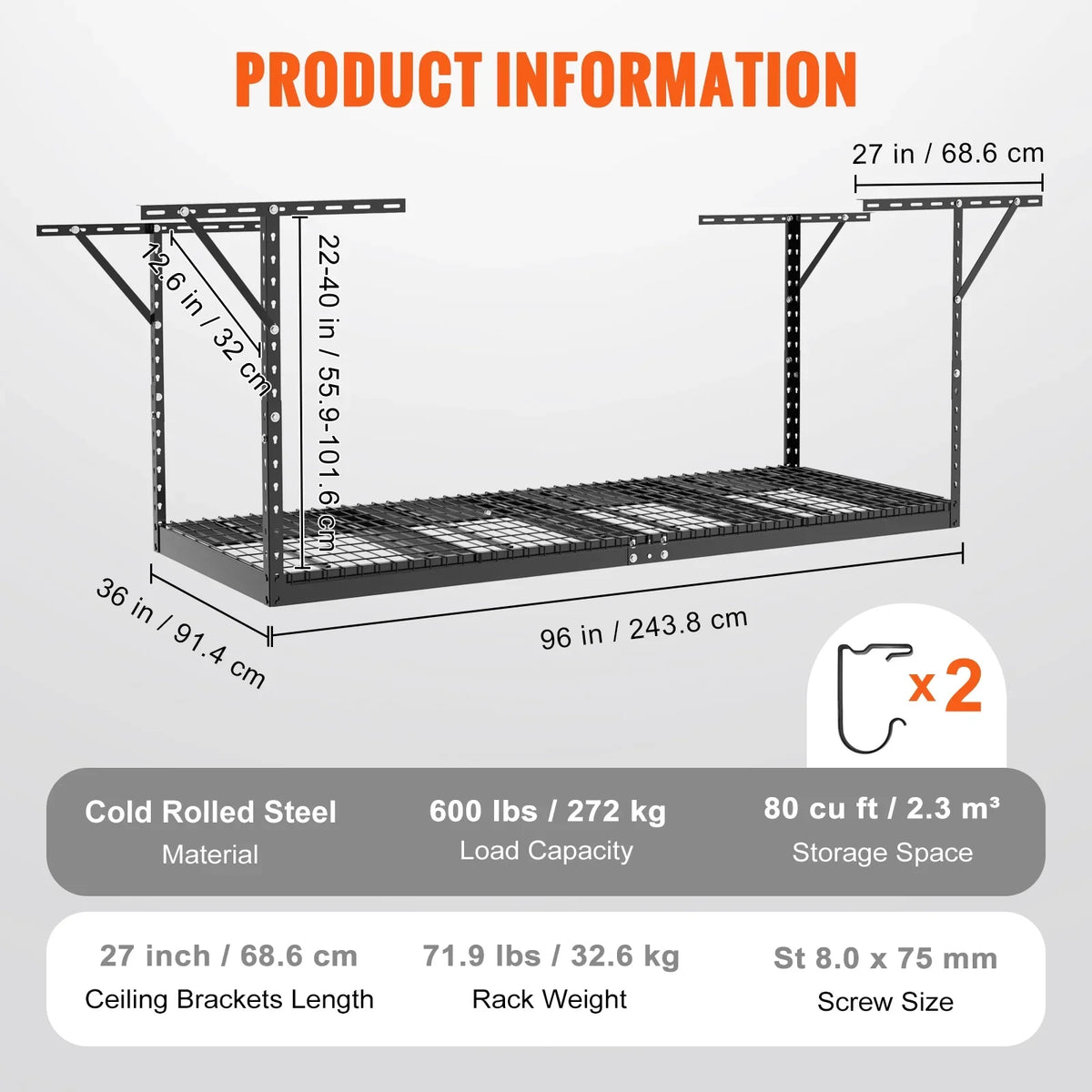 SKYSHALO Overhead Adjustable Garage Storage Stand 36x96in Ceiling Stand 600lb charcoal