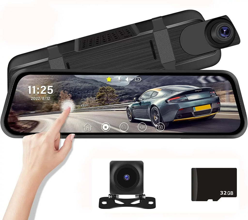 Podofo 9.66" Touch Screen Dash Cam Mirror for Car Front and Rear View Dual Cameras Night Vision Vehicles Parking Monitoring,with 32GB Card