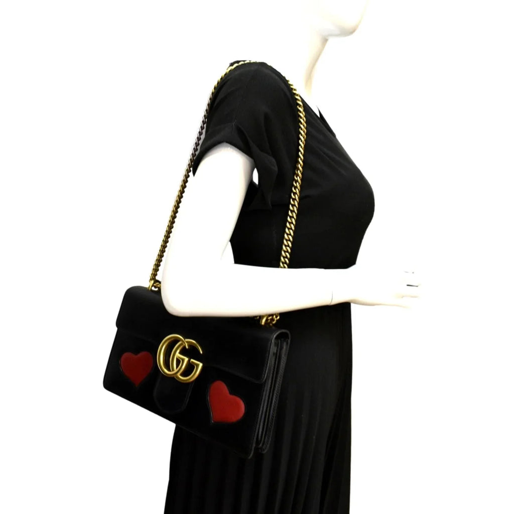 Pre-owned GUCCI Knight Malaga Kid Heart Medium Leather Crossbody Bag ebony 431777