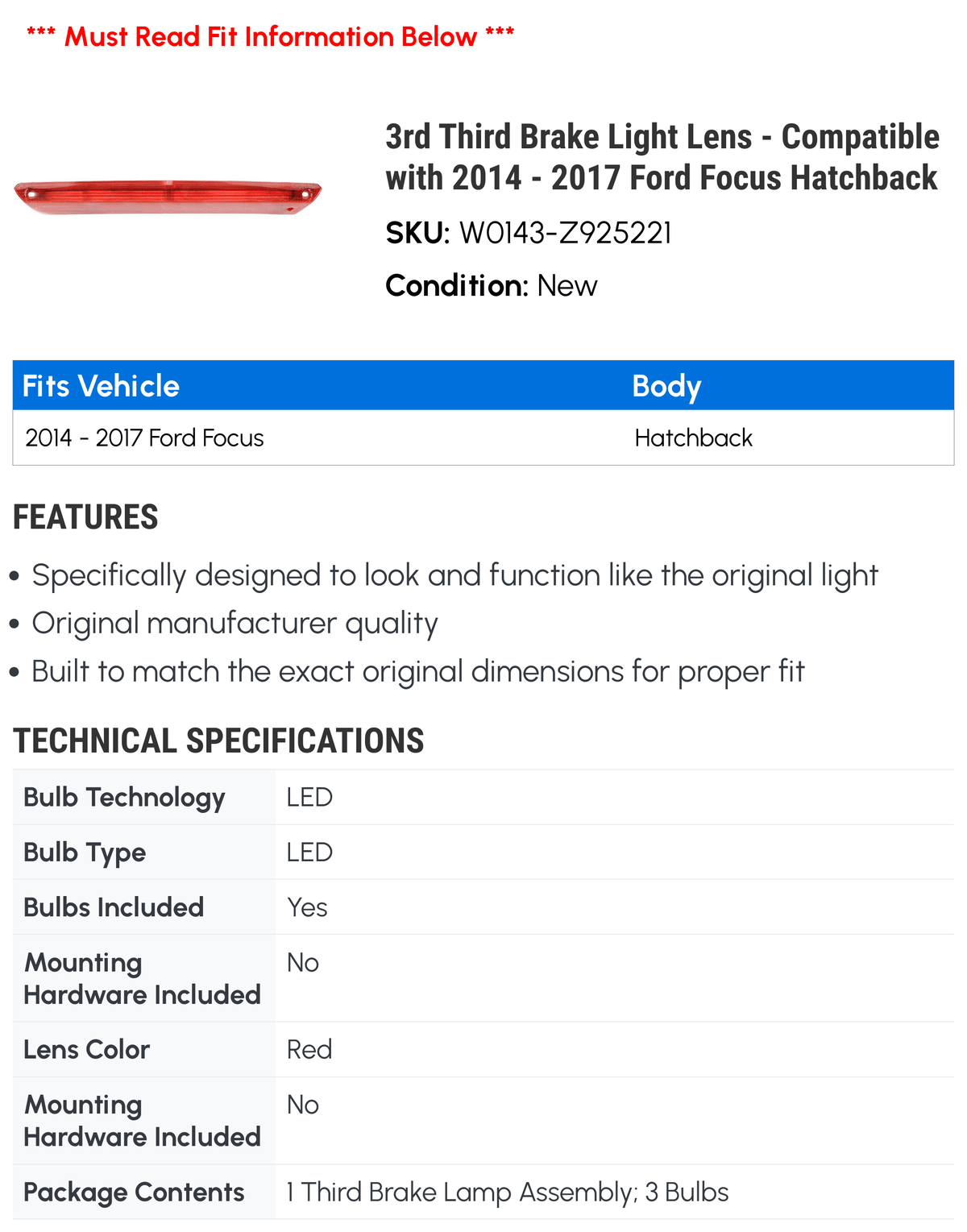 3rd Third Brake Light Lens - Compatible with 2014 - 2017  Focus Hatchback 2015 2016
