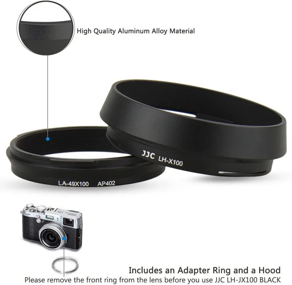 Lens Hood Set JJC Lens Shade for Fuji Fujifilm X100V X100F X100S X100T X100 X70 Replace Fuji LH-X100 Lens Hood & Adapter Ring Aluminum Alloy -dark