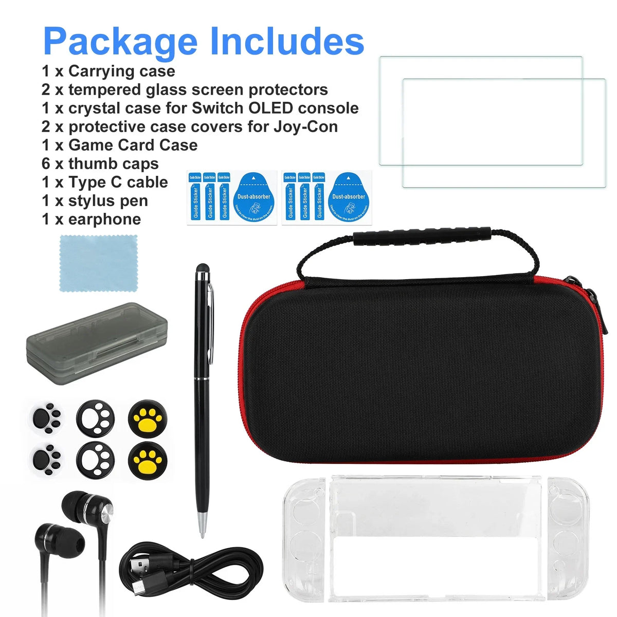 16-in-1 Accessories Kit Fit for Nintendo Switch OLED, EEEkit Accessories Bundle with Carrying Case, Protective Cover Case, Tempered Glass Screen Protector, Thumb Grips, and More, charcoal