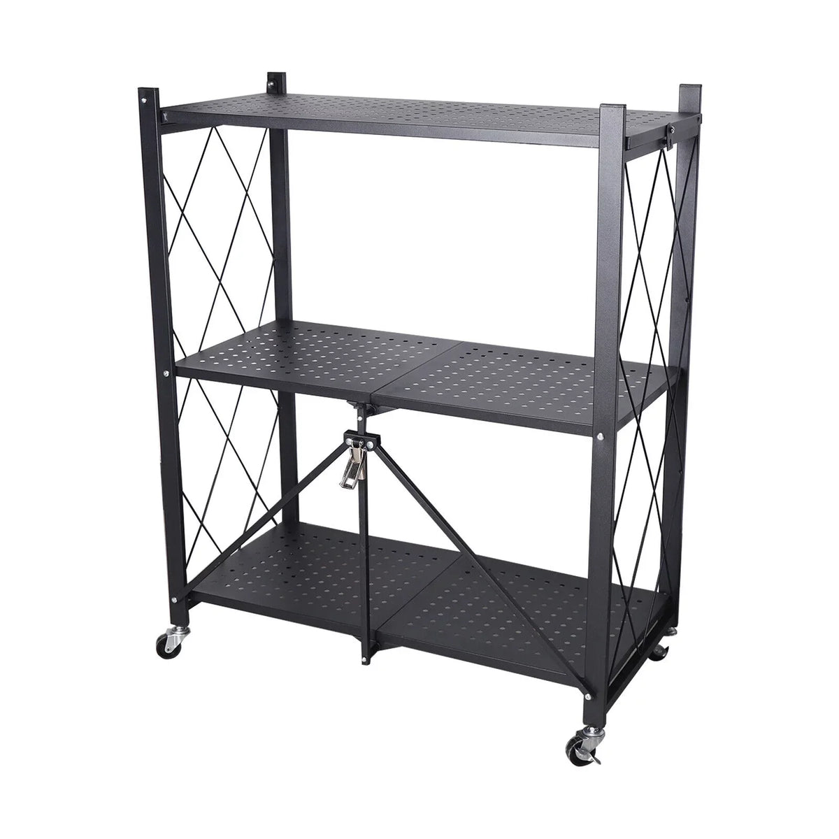 Storage 3 Tier Wide Folding Metal Shelf ,Rolling Trolley Utility Cart charcoal