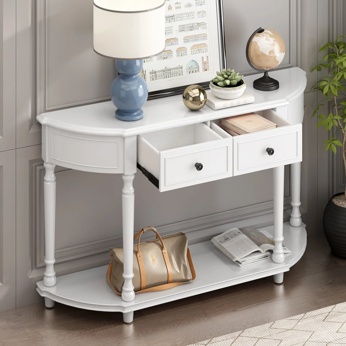 Retro Circular Curved Design Console Table with Open Style Shelf Solid Wooden Frame and Legs Two Top Drawers (White, OLD SKU: WF298768AAK)