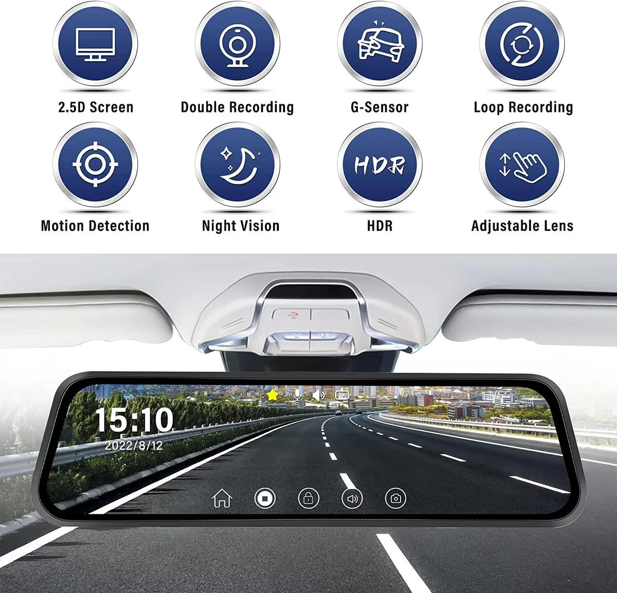 Podofo 9.66" Touch Screen Dash Cam Mirror for Car Front and Rear View Dual Cameras Night Vision Vehicles Parking Monitoring,with 32GB Card