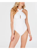 MICHAEL MICHAEL KORS Women's White Stretch Removable Cups Lined Ruched Convertible Full Coverage High Neck One Piece Swimsuit 6
