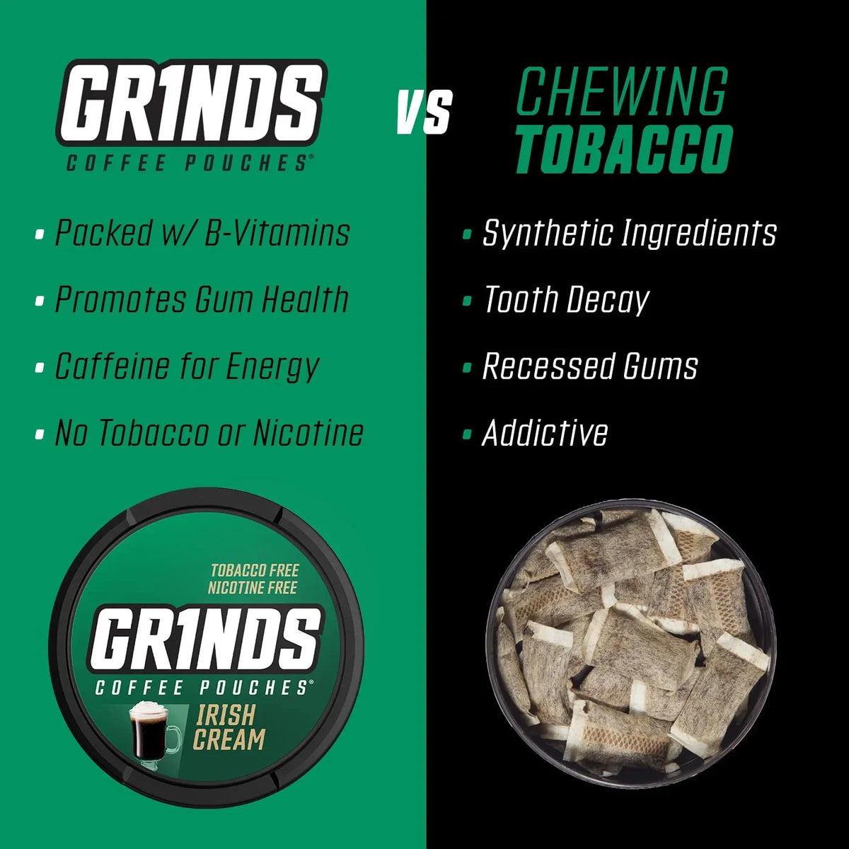 1/4 Cup of Coffee (Irish Cream). Grinds Coffee Pouches | 3 Cans of Irish Cream | Tobacco Free, Nicotine Free Healthy Alternative | 18 Pouches Per Can | 1 Pouch eq