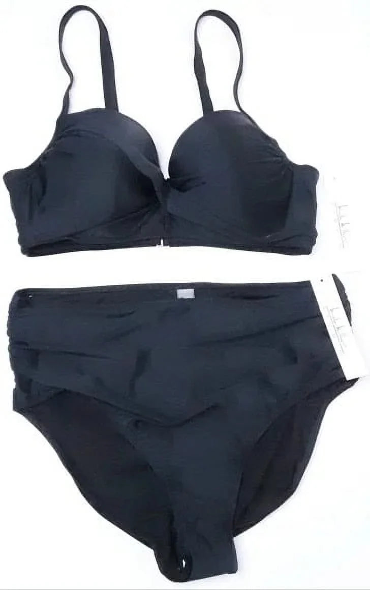 Nicole Miller charcoal Twist Front Bikini Top + Hi Waist Shirred Bottom 2Pc XL
