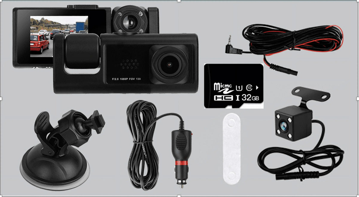 3 Channel Dash cam, 2-25mm Screen Driving Recorder, High-Definition 1080P, Night Vision, Loop recording, Motion Detection, G-Sensor +32 GB SD Card