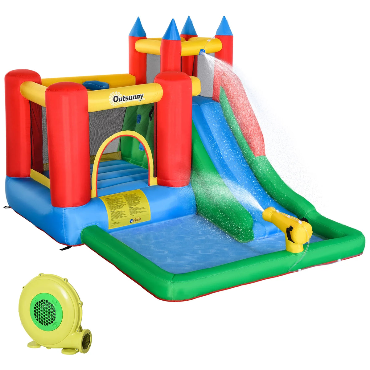 POWANLI Outsunny 6-in-1 Kids Bounce House Inflatable Water Slide with Pool, Water Cannon, Climbing Wall, Inflator Included, Jumping Castle Kids Backyard Activity Outdoor Water Play Toy