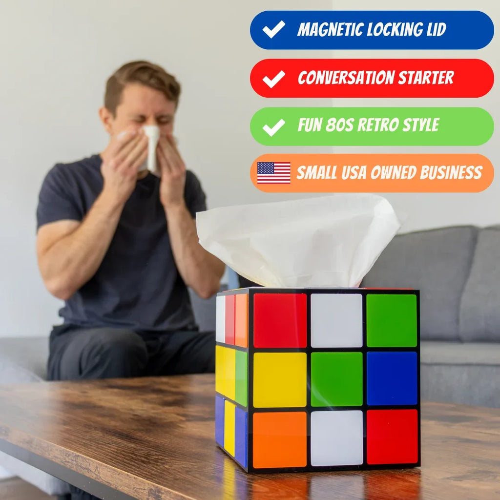 Magic Cube Tissue Box Cover | Big Bang Theory Props & Decor | Easy Use with Magnetic Bottom Lid to Keep Tissues Secure