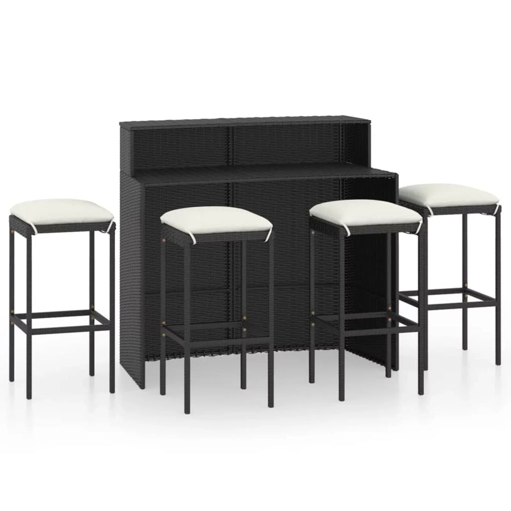 Anself 5 Piece Garden Bar Set Table with Storage Shelf and 4 Cushioned Stool Chairs Outdoor Dining Set dark Poly Rattan for Bistro, Pub, Backyard, Terrace, Patio
