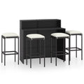 Anself 5 Piece Garden Bar Set Table with Storage Shelf and 4 Cushioned Stool Chairs Outdoor Dining Set dark Poly Rattan for Bistro, Pub, Backyard, Terrace, Patio