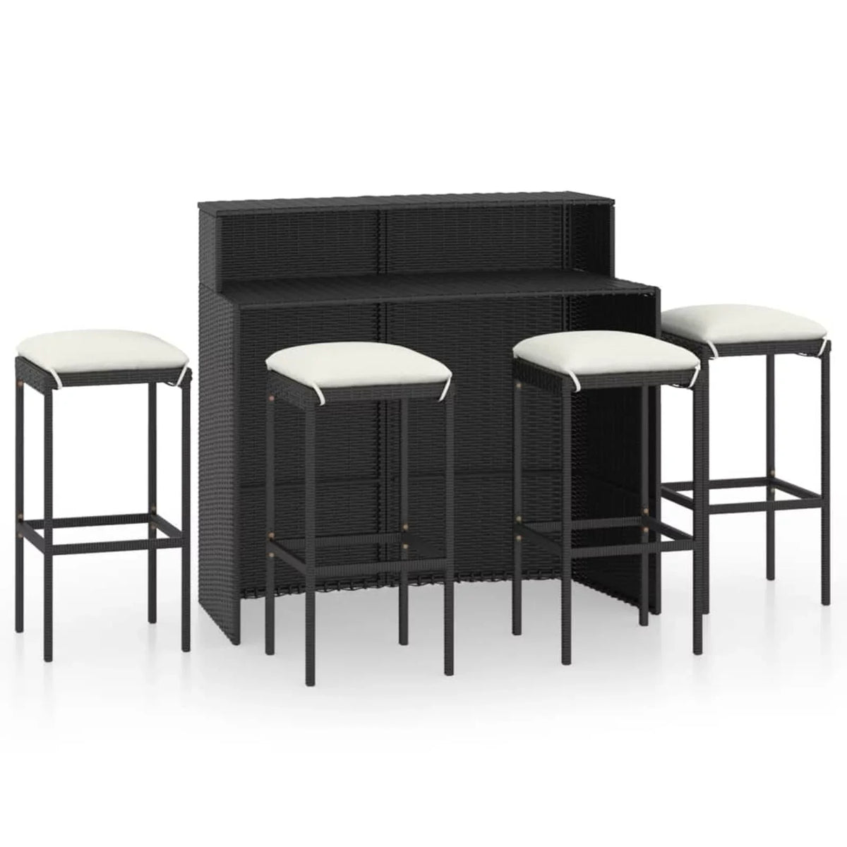 Anself 5 Piece Garden Bar Set Table with Storage Shelf and 4 Cushioned Stool Chairs Outdoor Dining Set dark Poly Rattan for Bistro, Pub, Backyard, Terrace, Patio