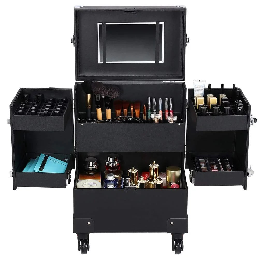 Rolling Makeup Train Case, Cosmetic Trolley Travel Luggage Case with 4 Removable Spinner Wheels, Mirror and Pull Rod Handle, ebony