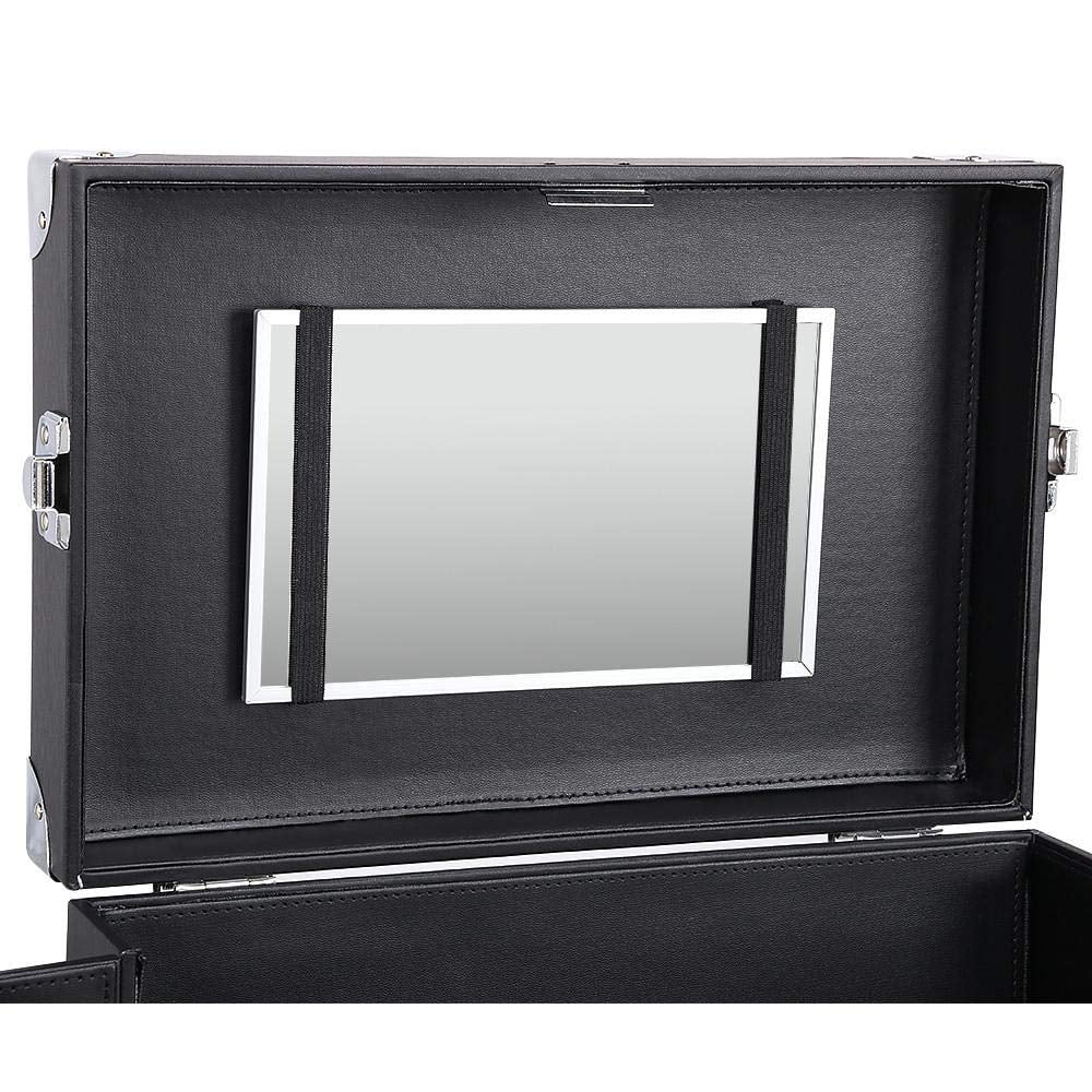 Rolling Makeup Train Case, Cosmetic Trolley Travel Luggage Case with 4 Removable Spinner Wheels, Mirror and Pull Rod Handle, ebony
