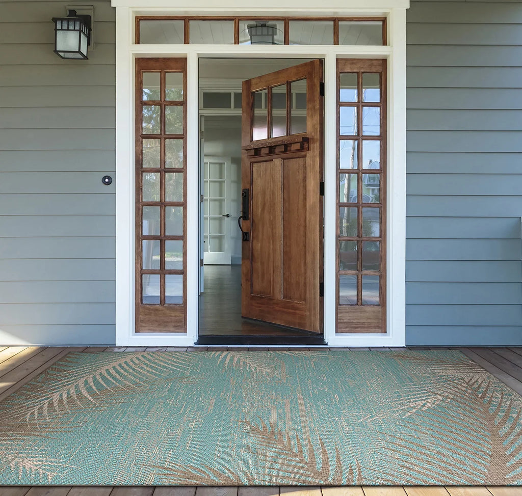 Monaco Tropical Palms Rug, Aqua. 10 in. x 7 ft. 3 in. Couristan 24293134023710U 2 ft
