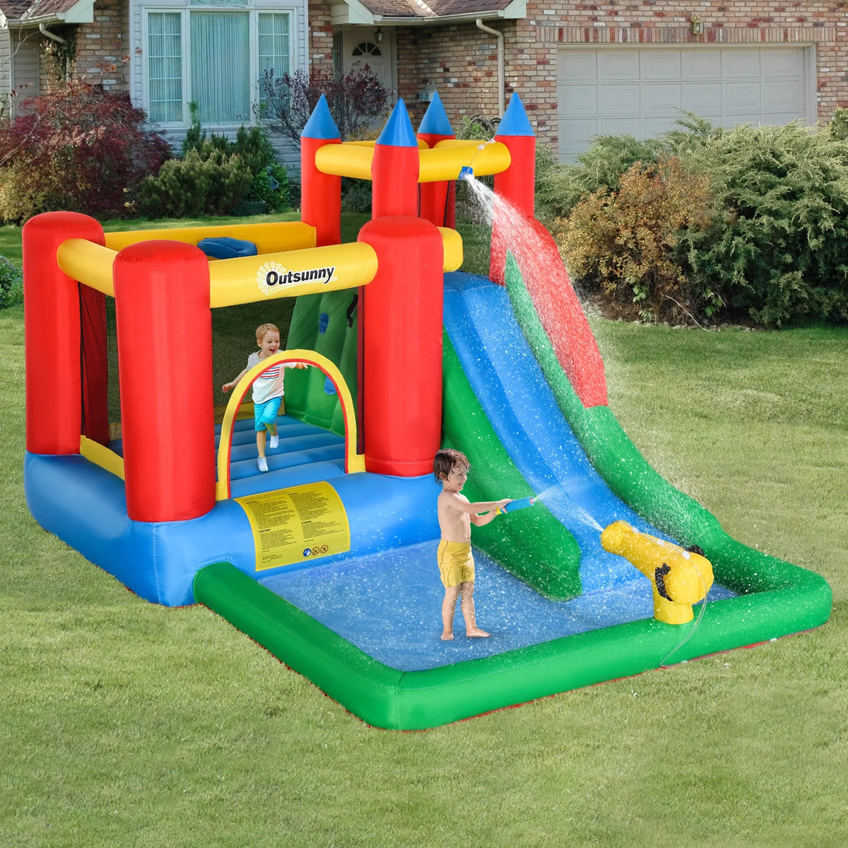 POWANLI Outsunny 6-in-1 Kids Bounce House Inflatable Water Slide with Pool, Water Cannon, Climbing Wall, Inflator Included, Jumping Castle Kids Backyard Activity Outdoor Water Play Toy