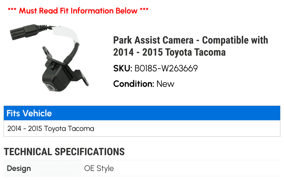 Park Assist Camera - Compatible with 2014 - 2015  Tacoma