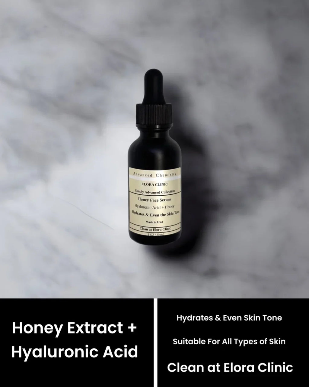 Elora Clinic Honey Serum - Hyaluronic Acid + Honey - Deeply Hydrating Hyaluronic Acid and Honey Serum - Oil Free - Water Based