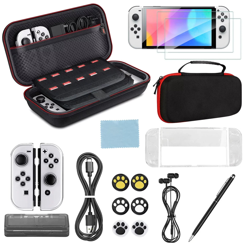 16-in-1 Accessories Kit Fit for Nintendo Switch OLED, EEEkit Accessories Bundle with Carrying Case, Protective Cover Case, Tempered Glass Screen Protector, Thumb Grips, and More, charcoal