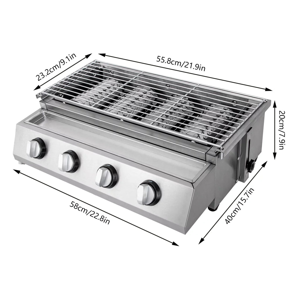 Countertop Barbeque Grill, LPG Gas 4-Burner Stainless Steel Grill for Outdoor Sliver