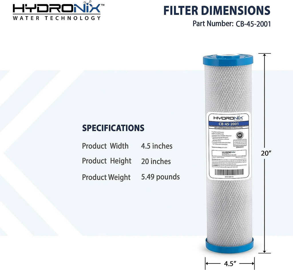 Hydronix CB-45-2001 Replacement Carbon Water Filter  20-25mm x 4.5-1 inch 1 Micron