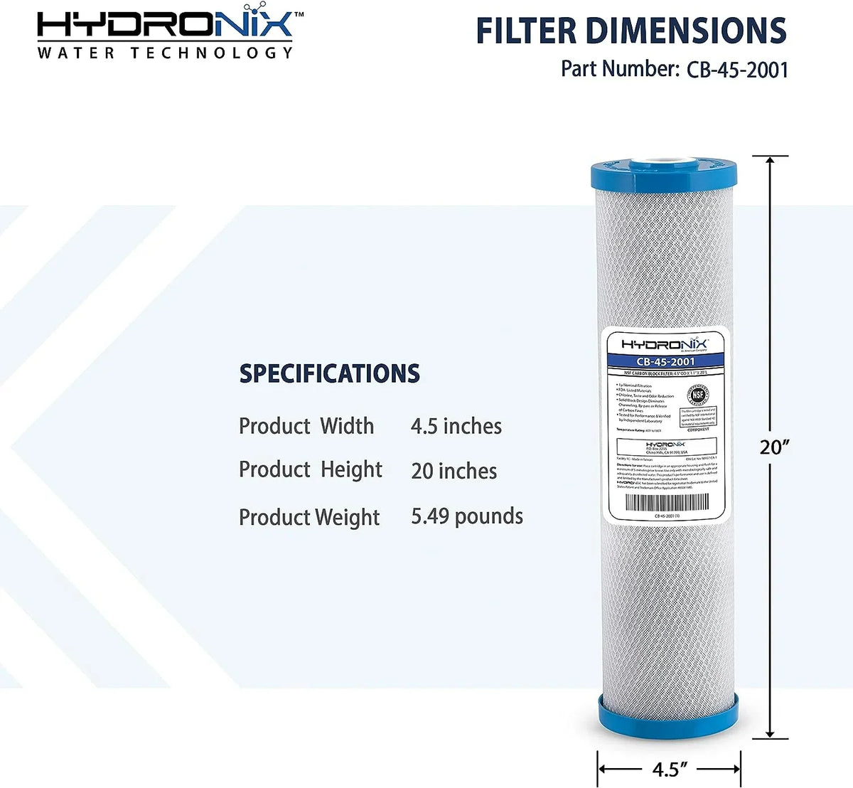 Hydronix CB-45-2001 Replacement Carbon Water Filter  20-25mm x 4.5-1 inch 1 Micron