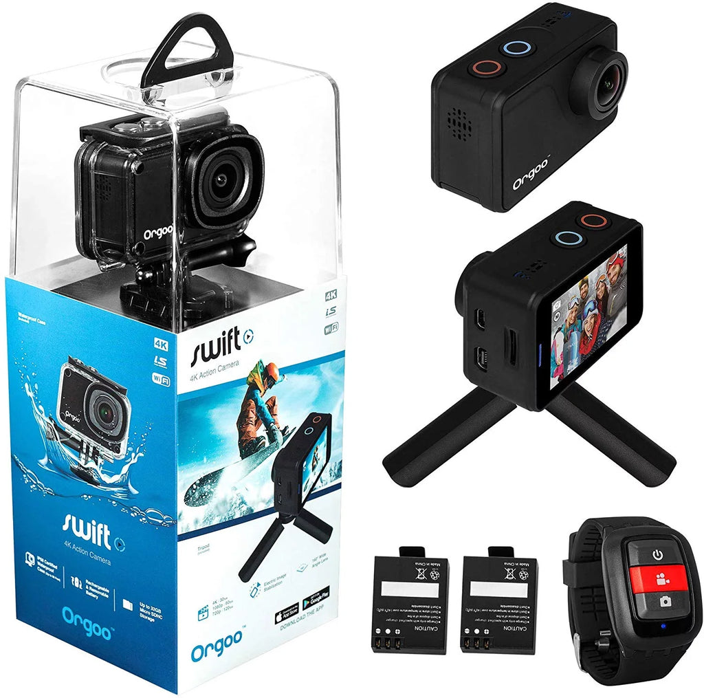 ORGOO OC1/BLK Swift 4K Action Camera Electronic Image Stabilization,  Image Sensor, 2” IPS Touchscreen, Accessories (Ip68 Certified Waterproof Case, Wearable Remote, Mini Tripod, and More)