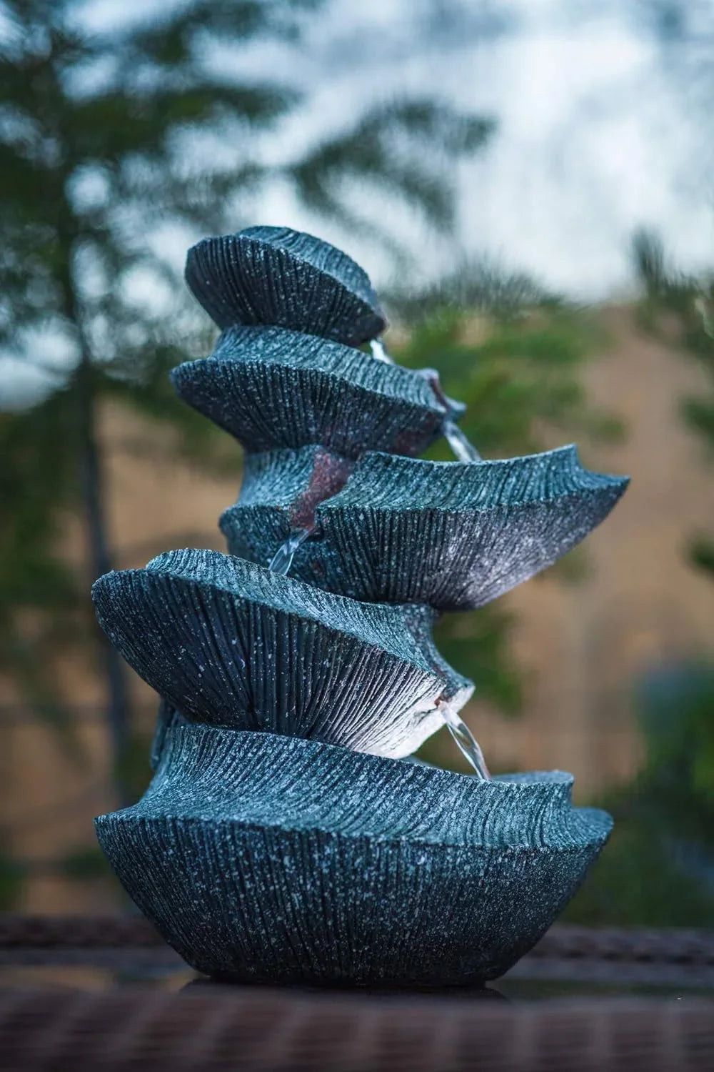 HF-B16-14LT. Hand-Crafted Design. Modern Stone Tiers 14" Fountain W/LED Light: Small Indoor/Outdoor Water Feature For s, Entryways, Gardens & Patios