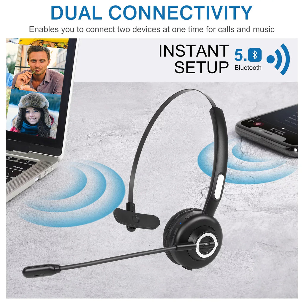 Comfortable Bluetooth Headset, UX-M97 Wireless Headset with Microphone, Wireless Cell Phone Headset with Noise Isolation Mic Charging Base Mute Function for Oppo F9 (F9 Pro) With Charging Dock