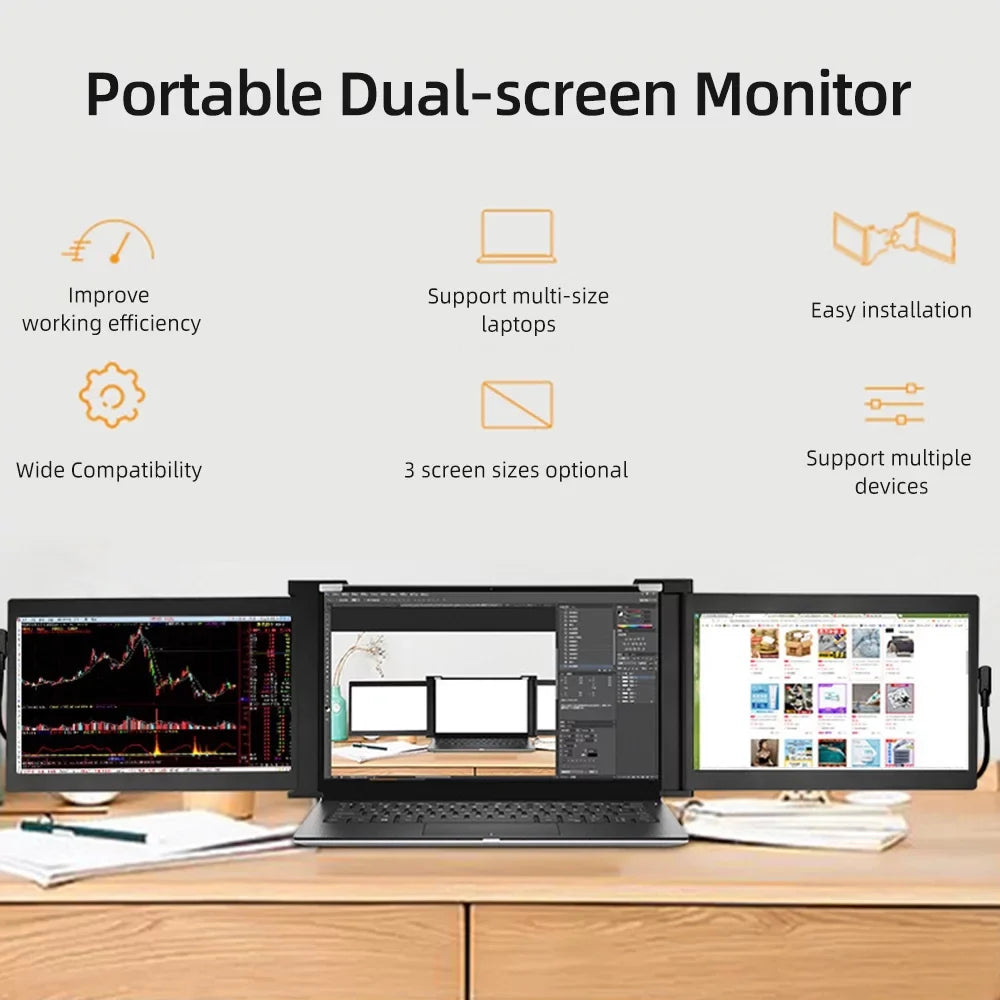 Anself 13.3 25mm Portable Triple-screen  Laptop Expansion Screen 1920*1080 Resolution Easy Installation for 13.3-16.5 inch Laptop