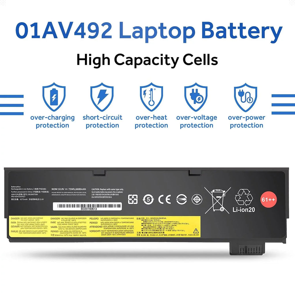 01AV427 01AV423 01AV492 Laptop Battery 72Wh 61++ for  ThinkPad T480 T470 P51S P52S T570 T580 A485 A475 TP25 Series Notebook 01AV425 01AV426 01AV428 01AV452 01AV490 SB10K97580 SB10K97584