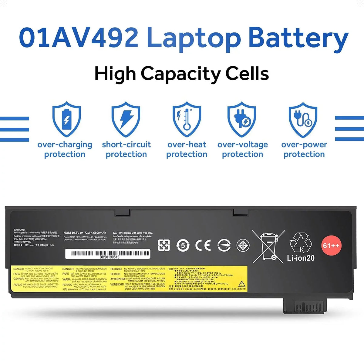 01AV427 01AV423 01AV492 Laptop Battery 72Wh 61++ for  ThinkPad T480 T470 P51S P52S T570 T580 A485 A475 TP25 Series Notebook 01AV425 01AV426 01AV428 01AV452 01AV490 SB10K97580 SB10K97584