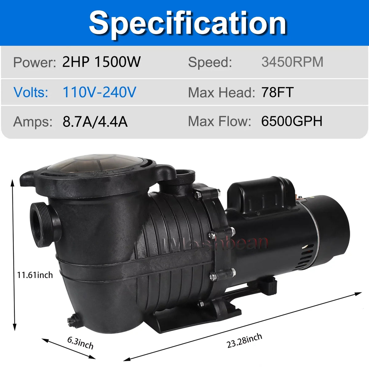 iMeshbean Swimming Pool Pump Above Ground, 2HP Motor, 110V-230V, Single Speed Pump For Above Ground Swimming Pool and Inground Pools, 6500GPH, Head Max 78FT, w/ Strainer Basket & NPT Connector