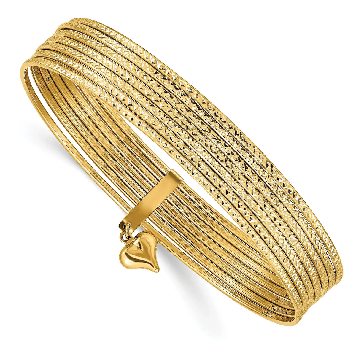 Beautiful 14K w/ Dangle Heart Set of 7 Slip-on Textured Bangles
