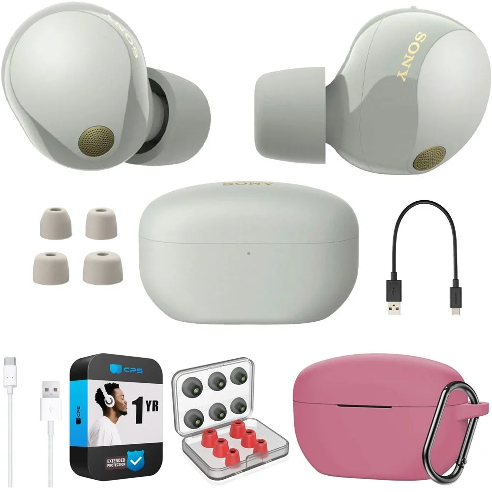 WF-1000XM5 Industry Leading Noise Canceling Truly Wireless Earbuds (Silver) Bundle with Silicone Case (Pink), Memory Foam Ear Tips, USB-A to USB-C Cable & 1 YR CPS Enhanced Protection Pack